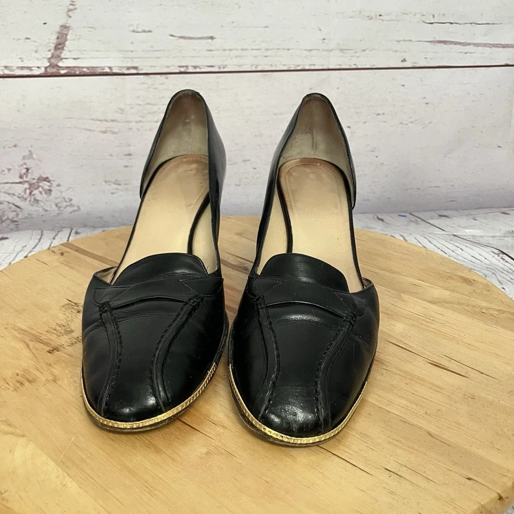 Bally Leather Block Heel Pumps Black Gold Trim Womens 7.5 US‎ 38 EU Italy